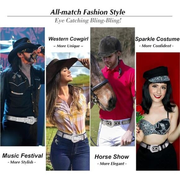 SUOSDEY Rhinestone Belt for Men Women Western Cowboy Cowgirl Bling Studded - Picture 2 of 7